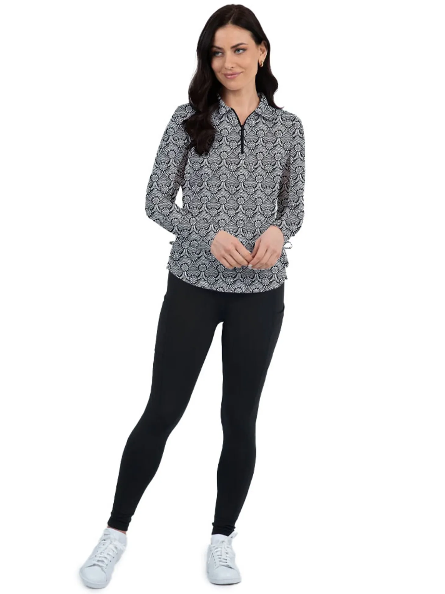 IBKUL Leslie Print Long Sleeve Zip Polo - Black/White